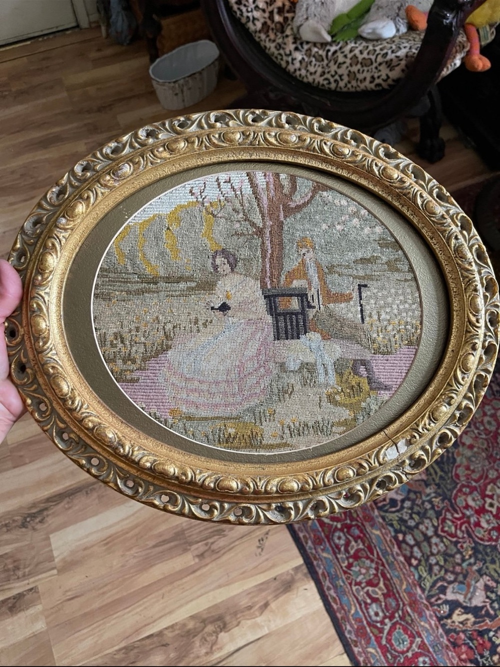 Vintage Needlepoint Victorian Lady in Pink Oval Frame Antique